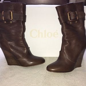 Chloe 4” wedge heel mid calf leather boot -brown